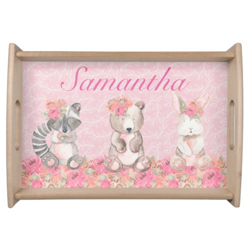 Pretty Girls Pink Floral Woodland Creatures Serving Tray