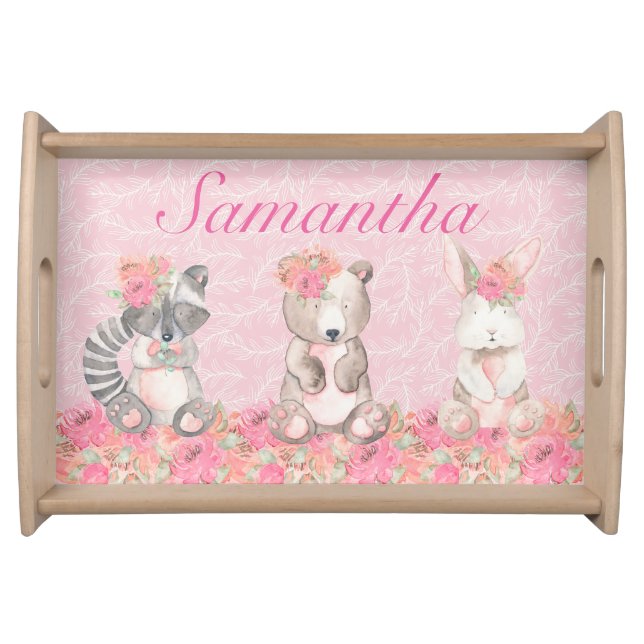 Pretty Girls Pink Floral Woodland Creatures Serving Tray (Front)
