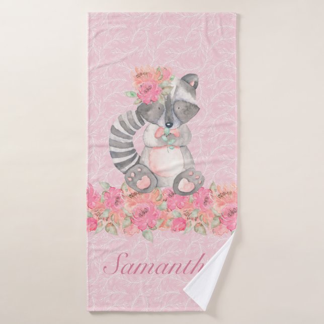Pretty Girls Pink Floral Woodland Raccoon Bath Towel (Bath Towel)