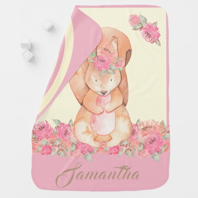 Pretty Girls' Squirrel Pink Cream Floral Baby Blanket (In Situ)