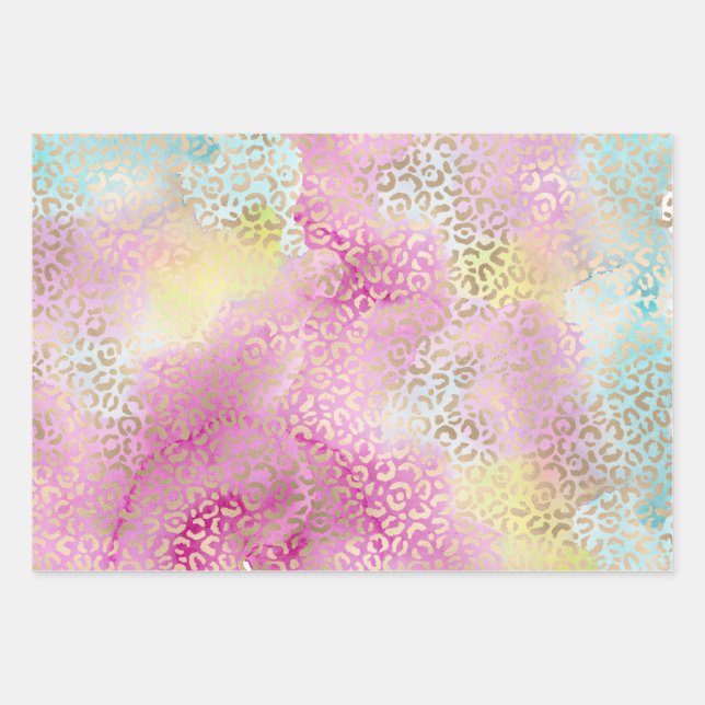 Pretty Girly Aqua Pink Yellow Gold Leopard Print Wrapping Paper Sheets (Front)