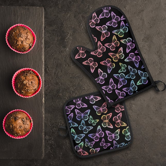 Pretty Girly Black Butterfly Pattern Iridescent Oven Mitt & Pot Holder Set (Creator Uploaded)