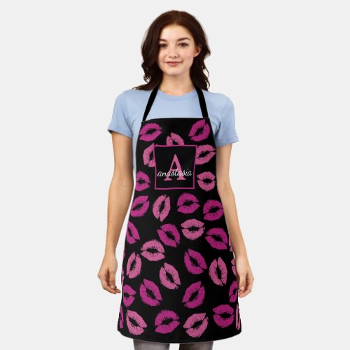 Pretty Girly Black Pink Kisses Lips Monogram Name Apron