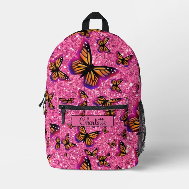 Pretty Girly Butterflies pink glitter sparkling  Printed Backpack (Front)