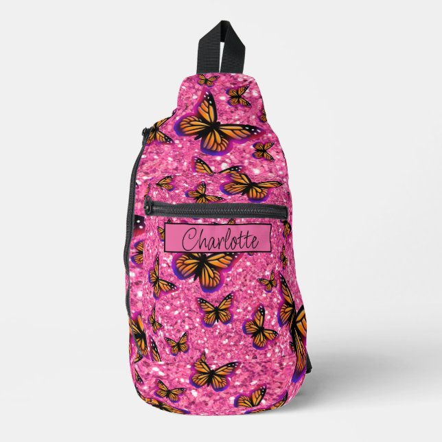 Pretty Girly Butterflies pink glitter sparkling  Sling Bag (Front)