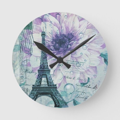 pretty girly chic purple french paris eiffel tower round clock