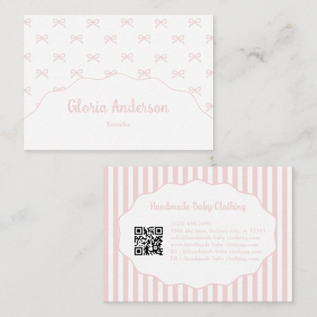 Pretty Girly Feminine Pink Bow Stripe Pattern Business Card (Front/Back)