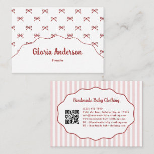 Pretty Girly Feminine Pink Red Bow Stripe Pattern Business Card