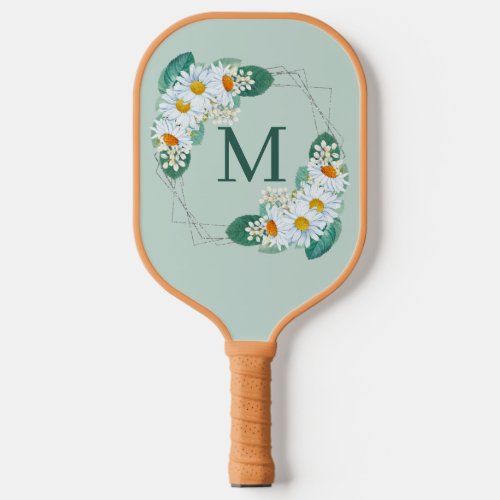 Pretty Girly Floral Silver Sparkle Monogram Pickleball Paddle