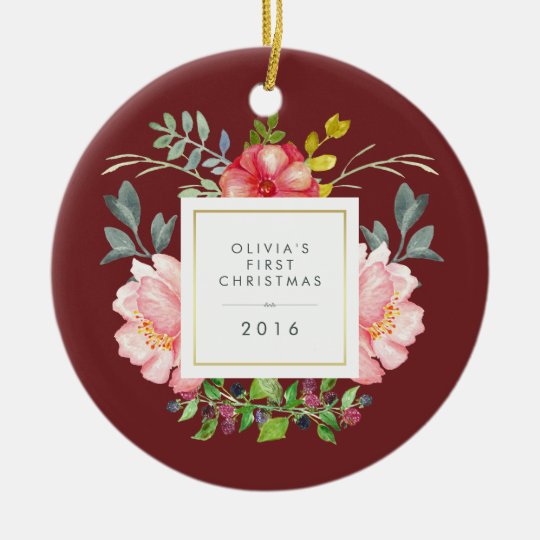 Pretty Girly Flowers Baby's First Christmas Ceramic Ornament