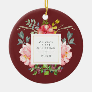 Pretty Girly Flowers Baby's First Christmas Ceramic Ornament