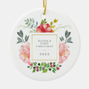 Pretty Girly Flowers Baby's First Christmas Ceramic Ornament