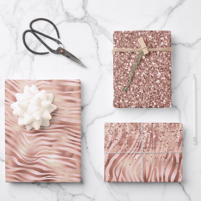 Pretty Girly Glam Pink Peach Rose Zebra Print    Wrapping Paper Sheets (Front)