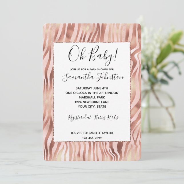 Pretty Girly Glam Pink Rose Zebra Baby Shower Invitation (Standing Front)