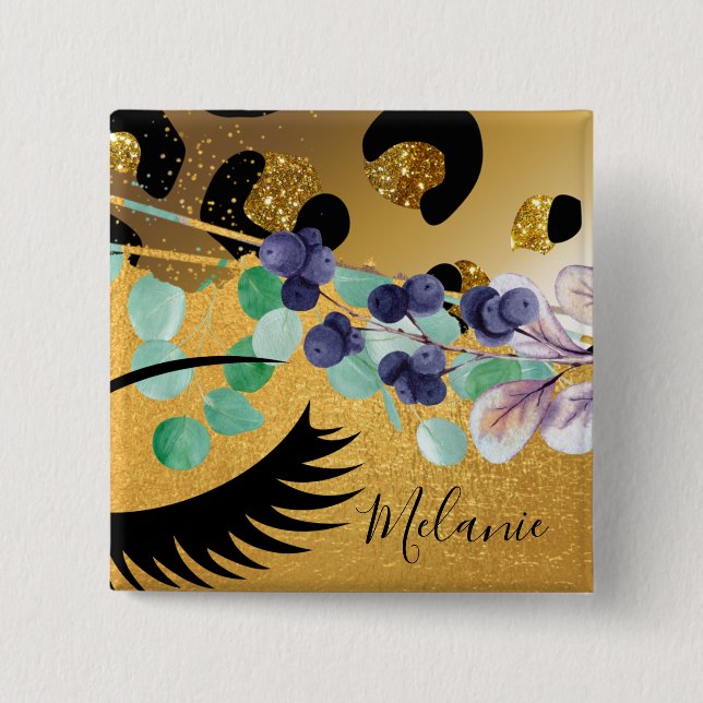 Pretty Girly Glitter Gold Animal Print Named Glam Button (Front)