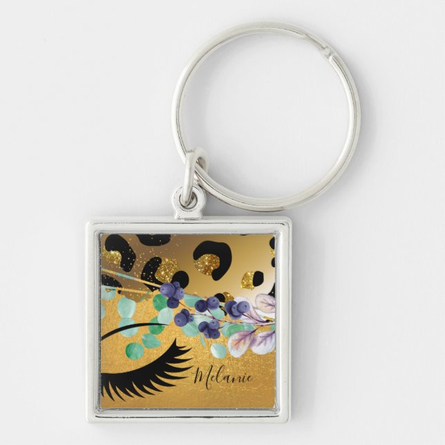 Pretty Girly Glitter Gold Animal Print Named Glam Keychain (Front)