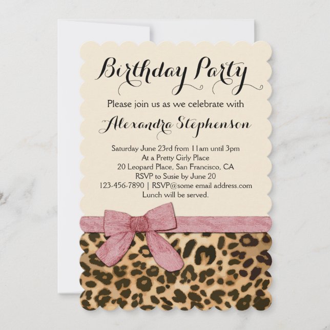 Pretty Girly Leopard Pink Bow Birthday Party Invitation (Front)
