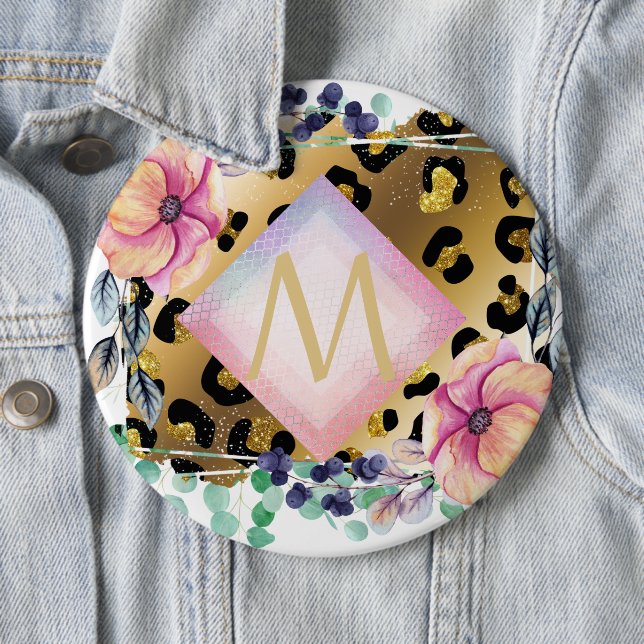 Pretty Girly Leopard Print Gold Pink Monogrammed Button (In Situ)