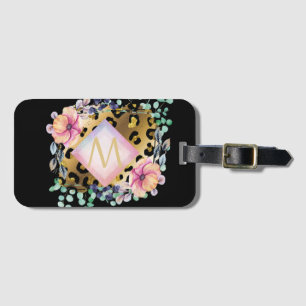 Pretty Girly Leopard Print Gold Pink Monogrammed Luggage Tag
