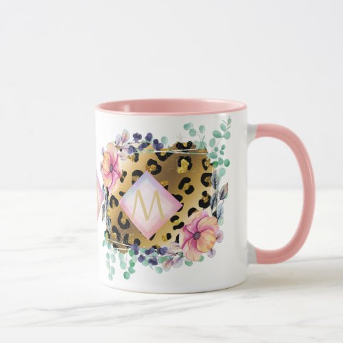 Pretty Girly Leopard Print Gold Pink Monogrammed Mug