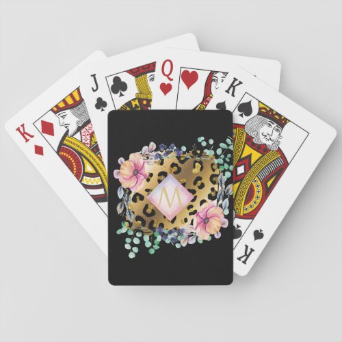 Pretty Girly Leopard Print Gold Pink Monogrammed Playing Cards