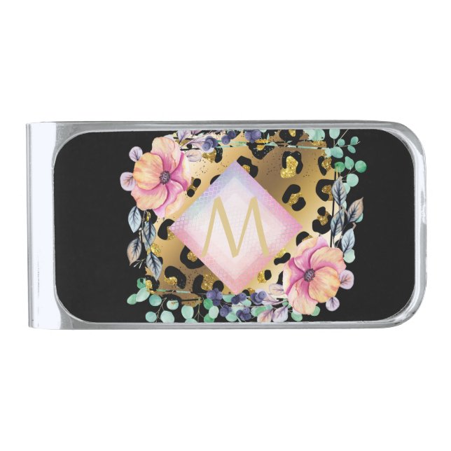 Pretty Girly Leopard Print Gold Pink Monogrammed Silver Finish Money Clip (Front)