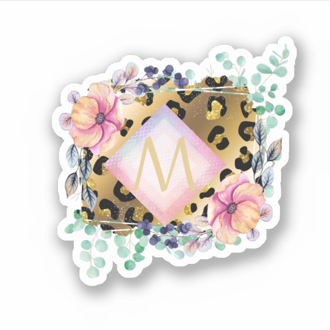 Pretty Girly Leopard Print Gold Pink Monogrammed Sticker (Front)
