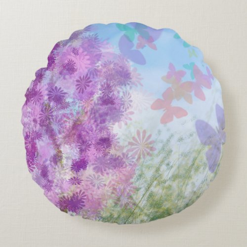 Pretty Girly Pastel Butterfly Garden Round Pillow