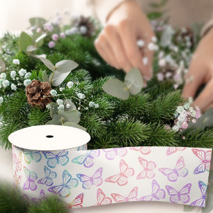   Pretty Girly Pastel Butterfly Pattern Iridescent Satin Ribbon