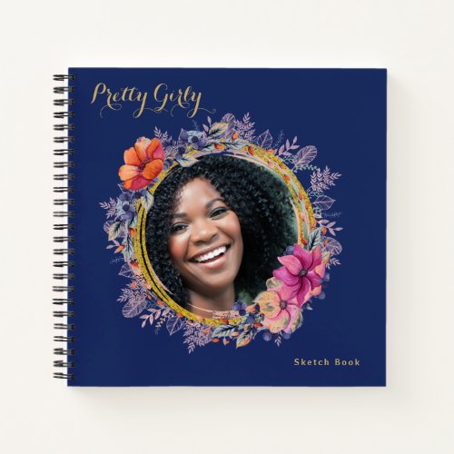 Pretty Girly PHOTO Floral Navy Blue Drawing Art  Notebook
