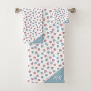 Pretty Girly Pink Blue Cute Flower Monogram Bath Towel Set