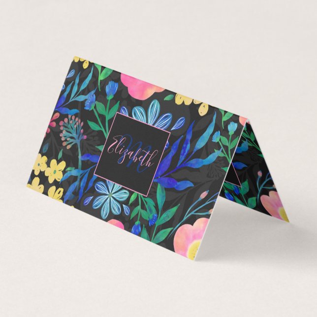 Pretty Girly Pink Blue Floral Gray design Business Card (Front)