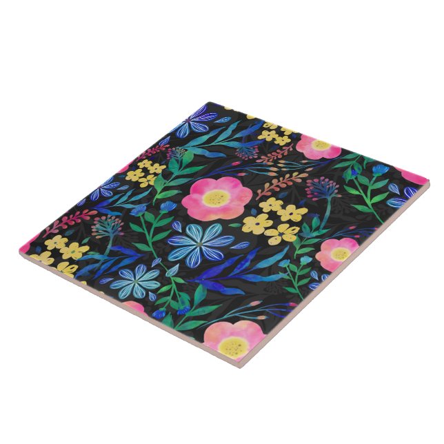 Pretty Girly Pink Blue Floral Gray design Ceramic Tile (Side)