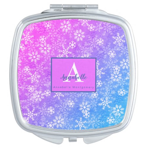 Pretty Girly Pink Blue Snowflake Monogram  Name Compact Mirror