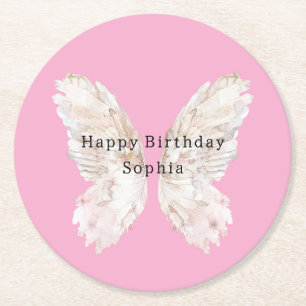 Pretty Girly Pink Butterfly Wings Birthday Round Paper Coaster