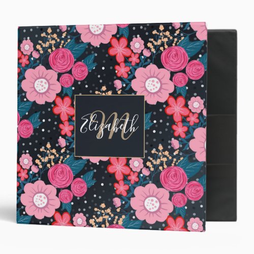 Pretty girly pink Floral Silver Dots Gray design 3 Ring Binder