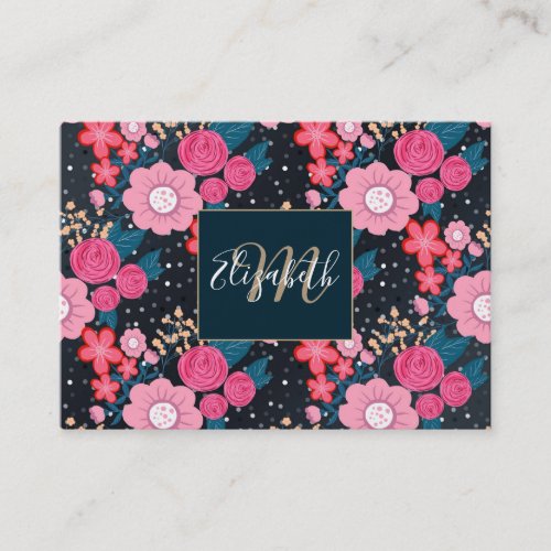 Pretty girly pink Floral Silver Dots Gray design Business Card