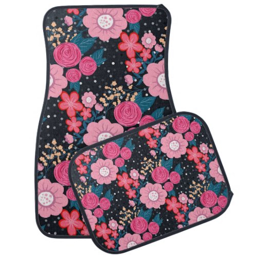 Pretty girly pink Floral Silver Dots Gray design Car Floor Mat