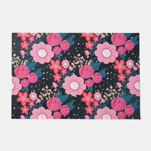 Pretty girly pink Floral Silver Dots Gray design Doormat