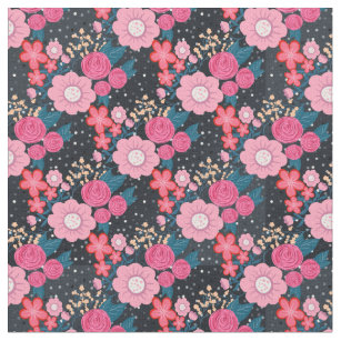 Pretty girly pink Floral Silver Dots Gray design Fabric