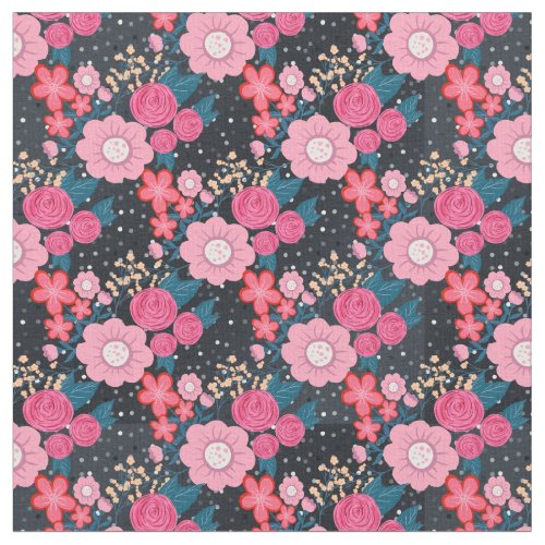 Pretty girly pink Floral Silver Dots Gray design Fabric