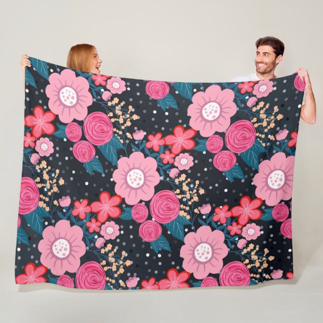 Pretty girly pink Floral Silver Dots Gray design Fleece Blanket (In Situ)