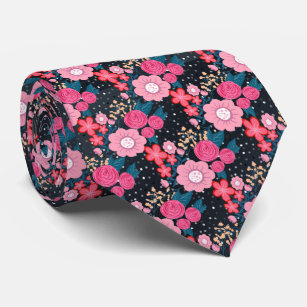 Pretty girly pink Floral Silver Dots Gray design Neck Tie