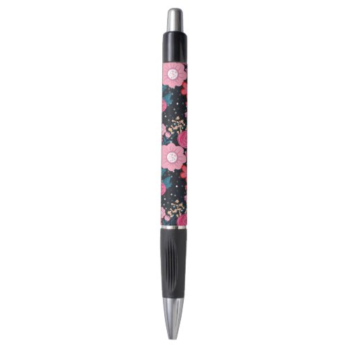 Pretty girly pink Floral Silver Dots Gray design Pen