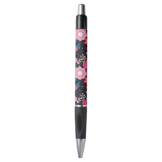 Pretty girly pink Floral Silver Dots Gray design Pen (Front Vertical)