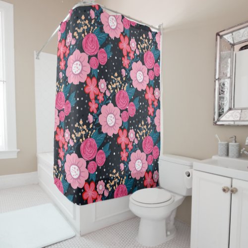 Pretty girly pink Floral Silver Dots Gray design Shower Curtain