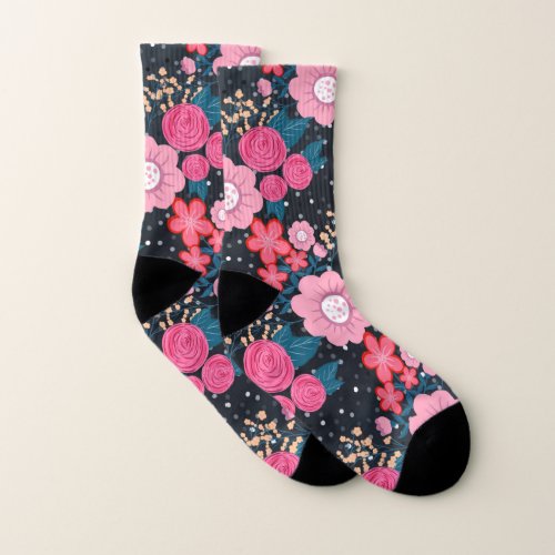 Pretty girly pink Floral Silver Dots Gray design Socks