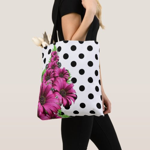 Pretty Girly Pink Flowers Polka Dot Tote Bag