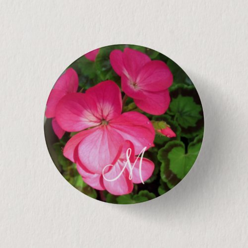 Pretty Girly Pink Geranium Photo Monogram   Button