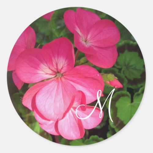 Pretty Girly Pink Geranium Photo Monogram  Classic Round Sticker